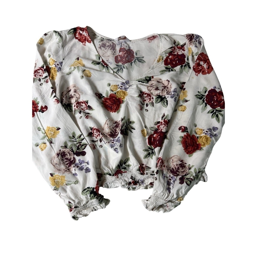 Candie's White Floral Cropped Blouse Long Sleeve Smocked Hem Size L